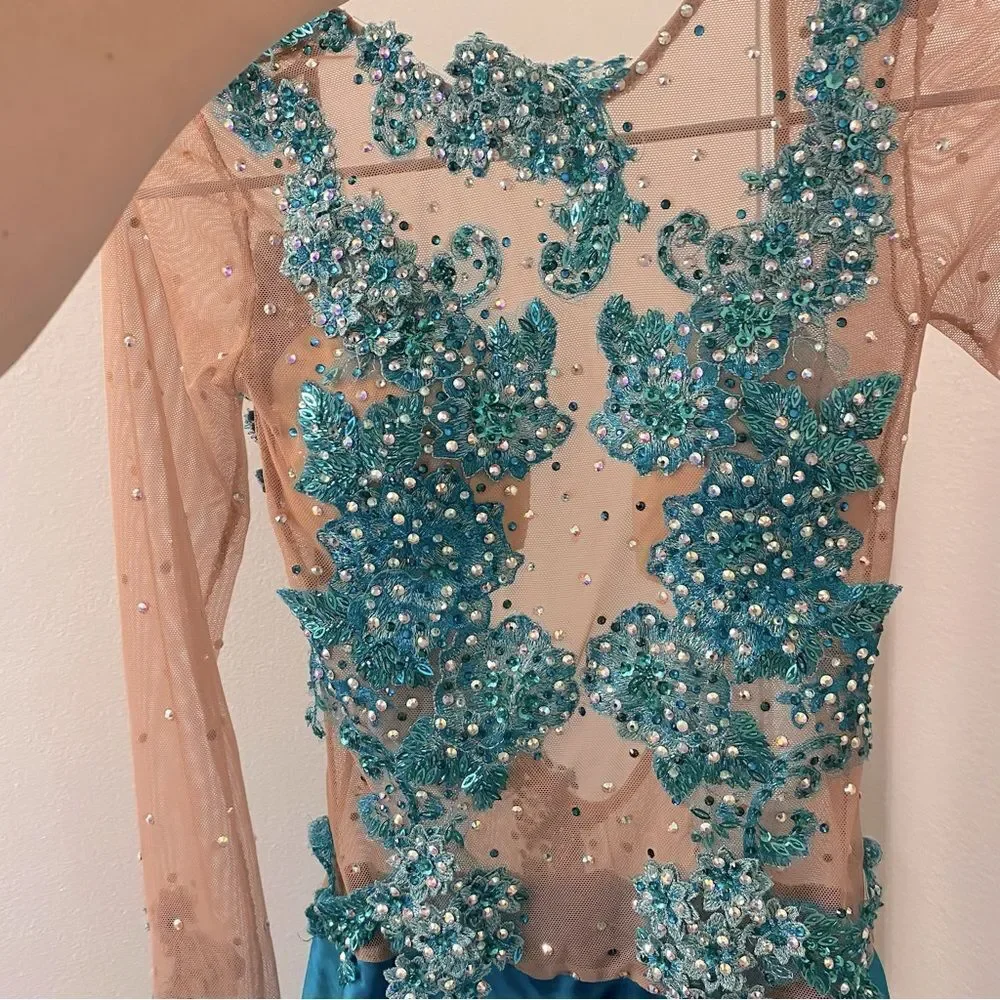 Custom Solo Dance Costume Teal Blue Lyrical Competition nude illusion SA adult